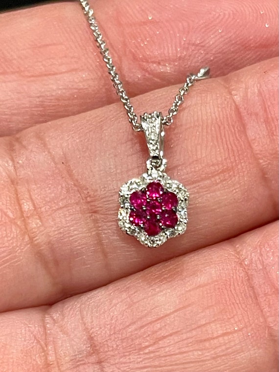 Ruby and Diamond Halo Pendant, 14kt White Gold Ca… - image 5