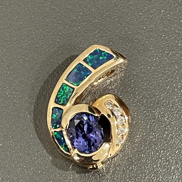 A Pre-Owned 14Kt Inlaid Fire Opal, Tanzanite And Diamond Slide Pendant Excellent Condition
