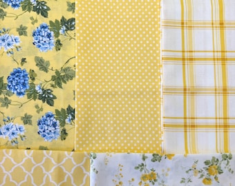 Yellow Floral Cotton Fabric Fat Quarter Pack: Cottagecore Quilting, 5 Piece