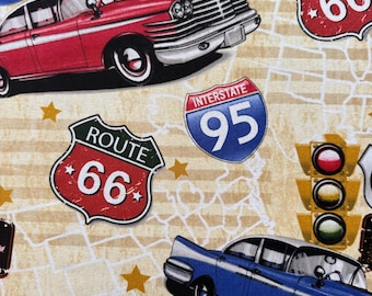 Fat Quarter | Route 66 Old Vintage Cars Cotton Fabric