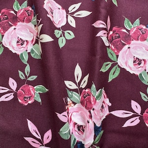 Fat Quarter | Floral Roses Cotton Fabric  | Burgundy flowers | Pretty Fabric for Crafts