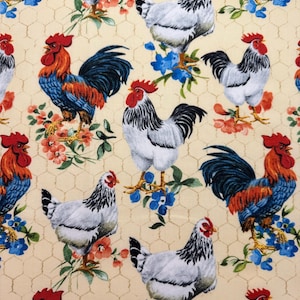 Tela de algodón con motivos de gallos, gallinas y pollos (Fat Quarter)
