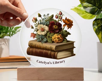 Letrero de biblioteca circular personalizado para estantería, libro, Instagram, regalo para amantes de los libros, decoración literaria, elementos esenciales de cúpula, flores vintage, libros, luz de noche