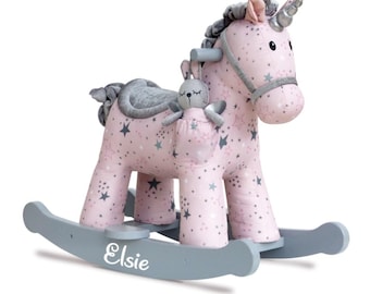 Personalised Unicorn Rocking Horse with Fairy Bunny – Celeste & Fae | 12 Months+ Baby Gift | Toddler Keepsake | Christening Present