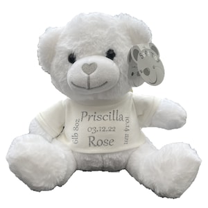Peluche personalizado - Blanco - Para recién nacido - Regalo de 1er cumpleaños para niñas - Registro de nacimiento - Regalo de bautizo para niños - Peluche personalizado