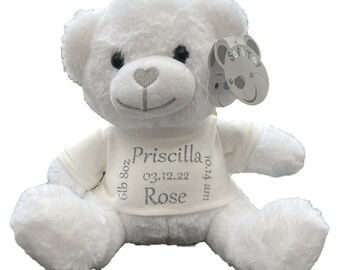 Personalised Teddy - White - For New Born - 1st Birthday Gift For Girls - Birth Record - Christening Gift For Boys - Personalised Soft Toy