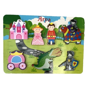 Gepersonaliseerde stevige houten puzzel prinses en ridder - Gepersonaliseerde legpuzzel