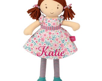 Personalised Bonikka Rag Doll – Katie | Custom Cloth Doll with Dark Brown Hair, Pink & Green Dress | Soft Keepsake Baby Gift, Toddler Toy