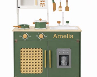 Personalised Wooden Kitchen | Vintage Green Toy Kitchen | Montessori Role Play Toy | Custom Name Kitchen | Toddler Kitchen | Birthday Gift