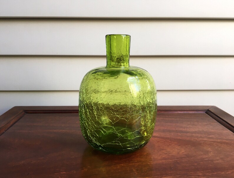 Blenko Green Crackle Glass Vase Bud Vase Decanter Etsy