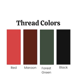 May include: Four thread spools in red, maroon, forest green, and black. The text "Thread Colors" is above the spools.