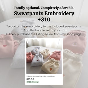 May include: A selection of sweatpants with different embroidered designs, including a heart, rainbow, pizza slice, and flower. The text "Sweatpants Embroidery Add-On $10.00 FREE shipping" is visible below the image.