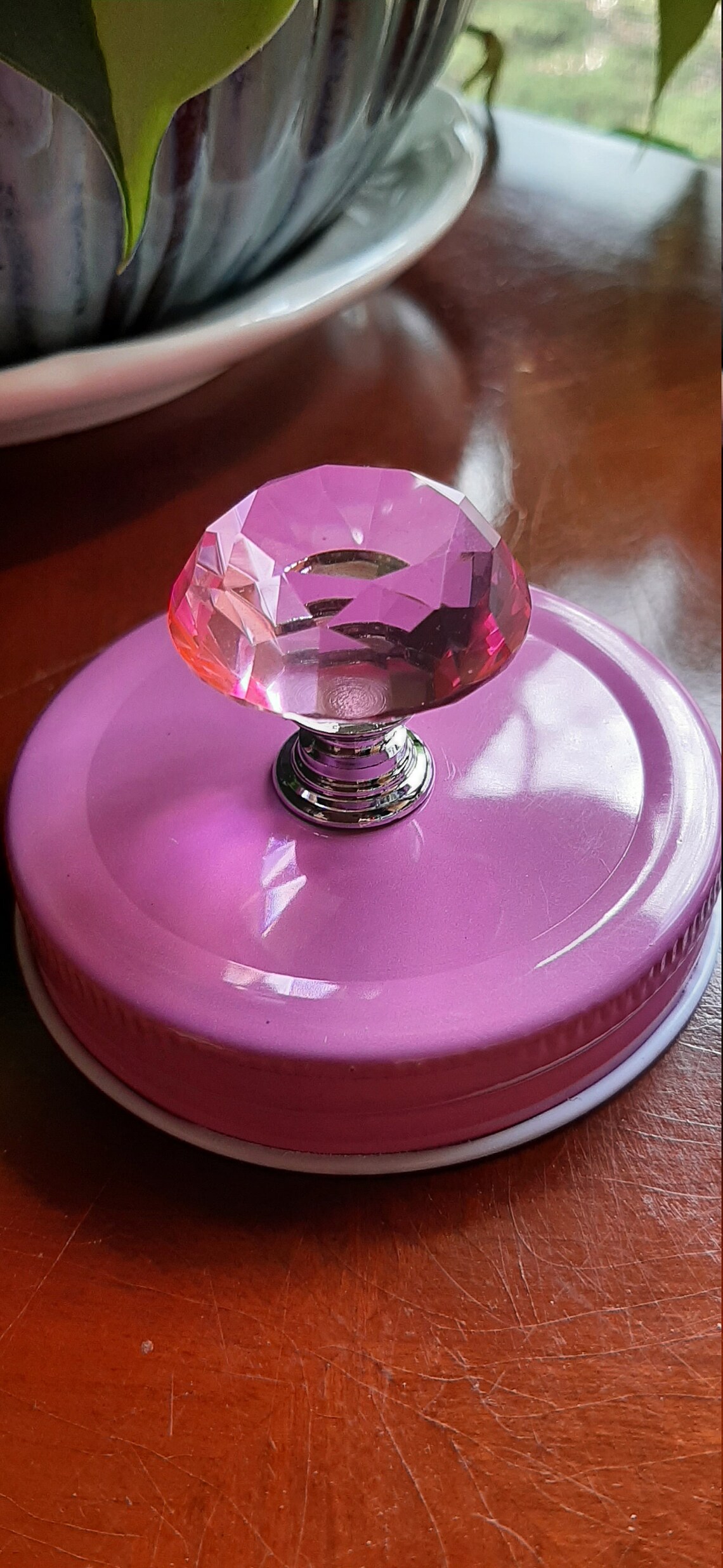 Pink decorative Mason jar lid with pink crystal knob Etsy