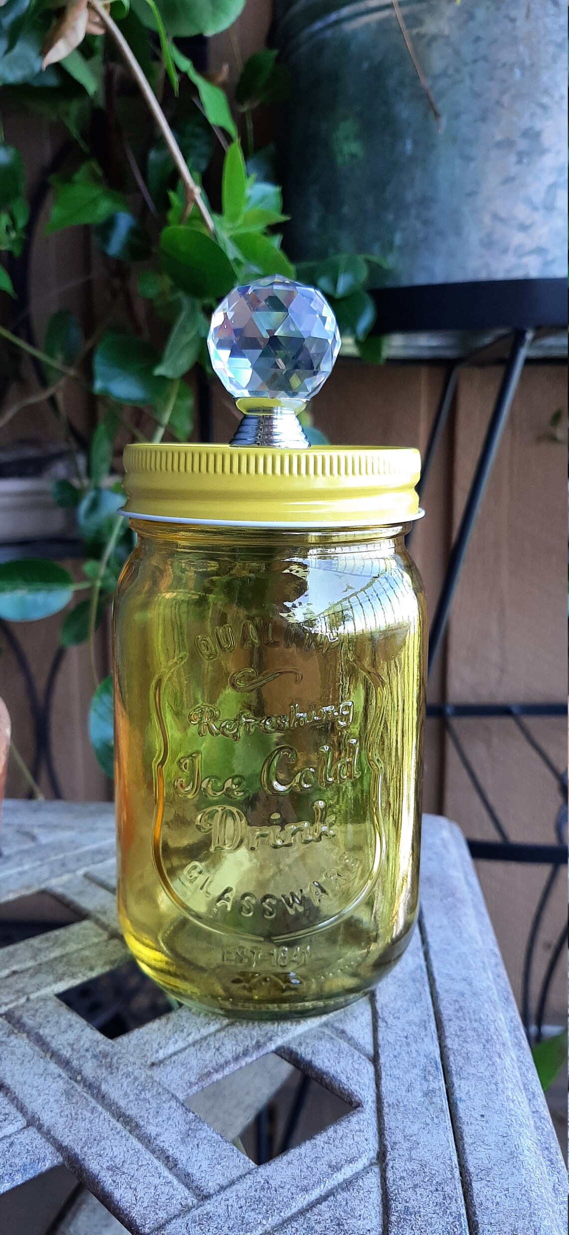 Yellow Mason jar with decorative lid Etsy