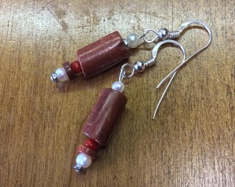 Bauxite, Freshwater Pearls and Coral Earrings