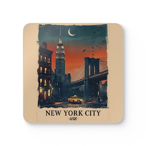 Vintage NYC Cork Coaster Set, City Themed Drink Coasters, Home Bar Decor, Travel Souvenir, Unique Gift for New Yorkers