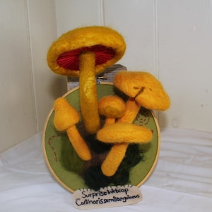 May include: A felted mushroom art piece featuring several orange and yellow mushrooms with red gills, mounted on a green fabric-covered embroidery hoop. The piece includes a small wooden sign that reads "Surprise Webcap Cortinarius semisanguineus."
