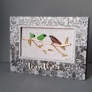 Pebble Art Love Birds, Sea Glass Pebble Art, Friendship Gift, Sea Glass Birds, Framed Picture, Housewarming Gift, Gift for Her, Wall Decor,