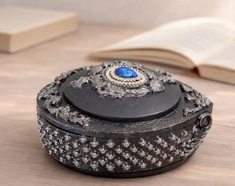ブラック装飾ボックス ジュエリー収納 ハート型 木製ボックス ブルーラインストーン 装飾ボックス 蓋付き ブラック シルバー ラインストーン ホームデコレーション