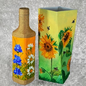 Decorative 3D Vase Sunflower Glass Vase Decorative Bottle Wildflowers Kitchen Decoration Green Yellow Painted Vase Bottle with Chamomile