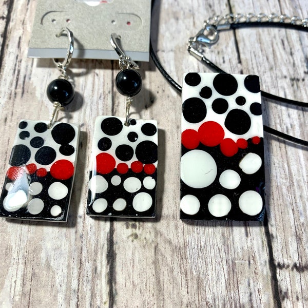 Monochrome Jewelry White Dots Black Dots Polymers Jewelry Rectangular Earrings Geometric Set Red dots Lever back Earrings Dangle Jewelry Set