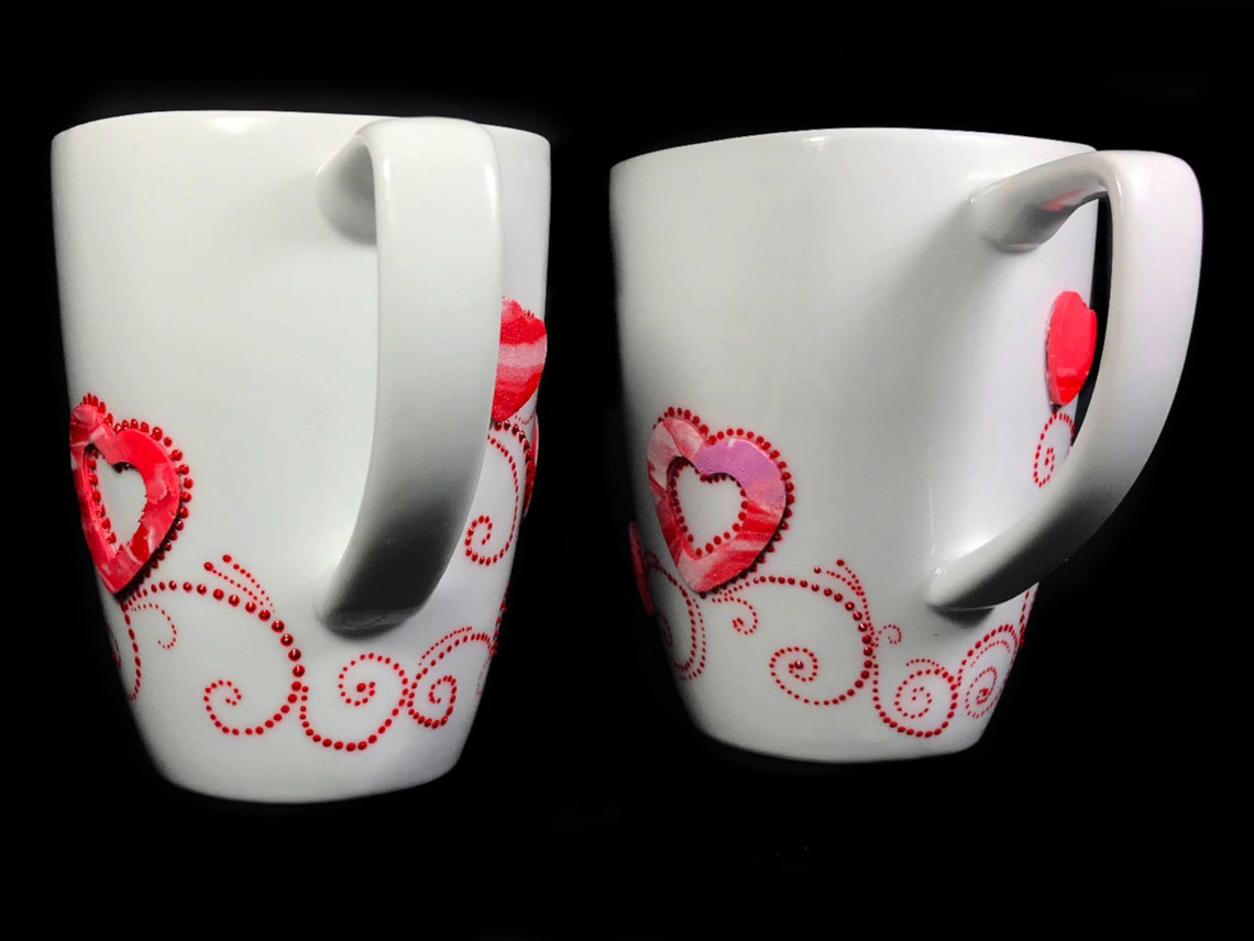 Decorated Tea Cups With Red Heart Ceramic Coffee Mug Valentines Day