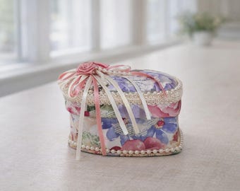 Bloemen sieradendoosje met stof beklede doos paarse sieraden opberger roze groen hartvormige doos vintage doos aandenken Snuisterijdoosje met deksel voor haar