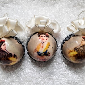 Vintage Style Ornaments Silver Ball Victorian Lady decor Set of 3 XMAS Ornaments Hand decorated Victorian Christmas Gift Idea Tree decor