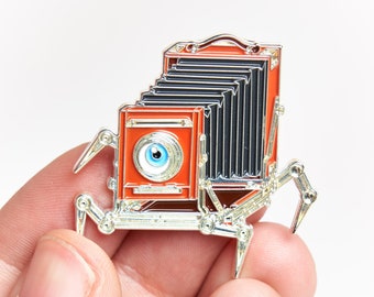 Metal Monster Large Format Film Camera Enamel Pin - Halloween Scary Gift for Photographers, Party Goers, Spooky conversation piece
