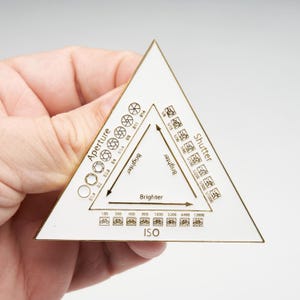 May include: A triangular white enamel pin with gold metal edges, featuring a photography exposure triangle guide. The design includes labels for Aperture, Shutter, and ISO, with corresponding icons and numerical values printed in gold.