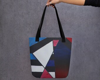 Fusion Illusion" Tote Bag - Abstract Tote Bag Polyester Art Tote Bag Modern Tote Bag Abstract Bag Tote Art Bag Blue and Red Tote