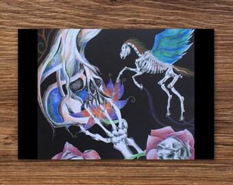 Macabre Dreamscape” Postcard - Skeleton Card Black Postcard Goth Postcard Goth Fantasy Art Gothic Nature Skull Card Creepy Card