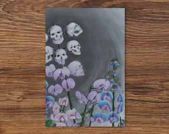 May include: A digital illustration of a bouquet of purple and blue flowers with a background of skulls. The flowers are drawn in a realistic style, while the skulls are more stylized.