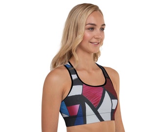 Fusion Illusion" Padded Sports Bra (All-Over Print) - Padded Bra Art Bra Art Print Bra Red and Blue Bra Abstract Bra A Bra B Bra C Bra