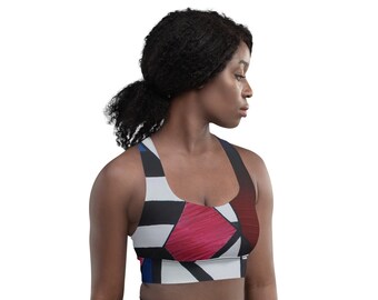 Fusion Illusion" Longline Sports Bra (All-Over Print) - Art Bra Art Print Bra Red and Blue Bra Abstract Bra A Bra B Bra C Bra Padded Bra
