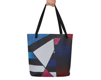 Fusion Illusion" Large Tote Bag w/ Pocket - Abstract Tote Bag Polyester Art Tote Bag Modern Tote Bag Abstract Bag Tote Art Blue and Red Tote