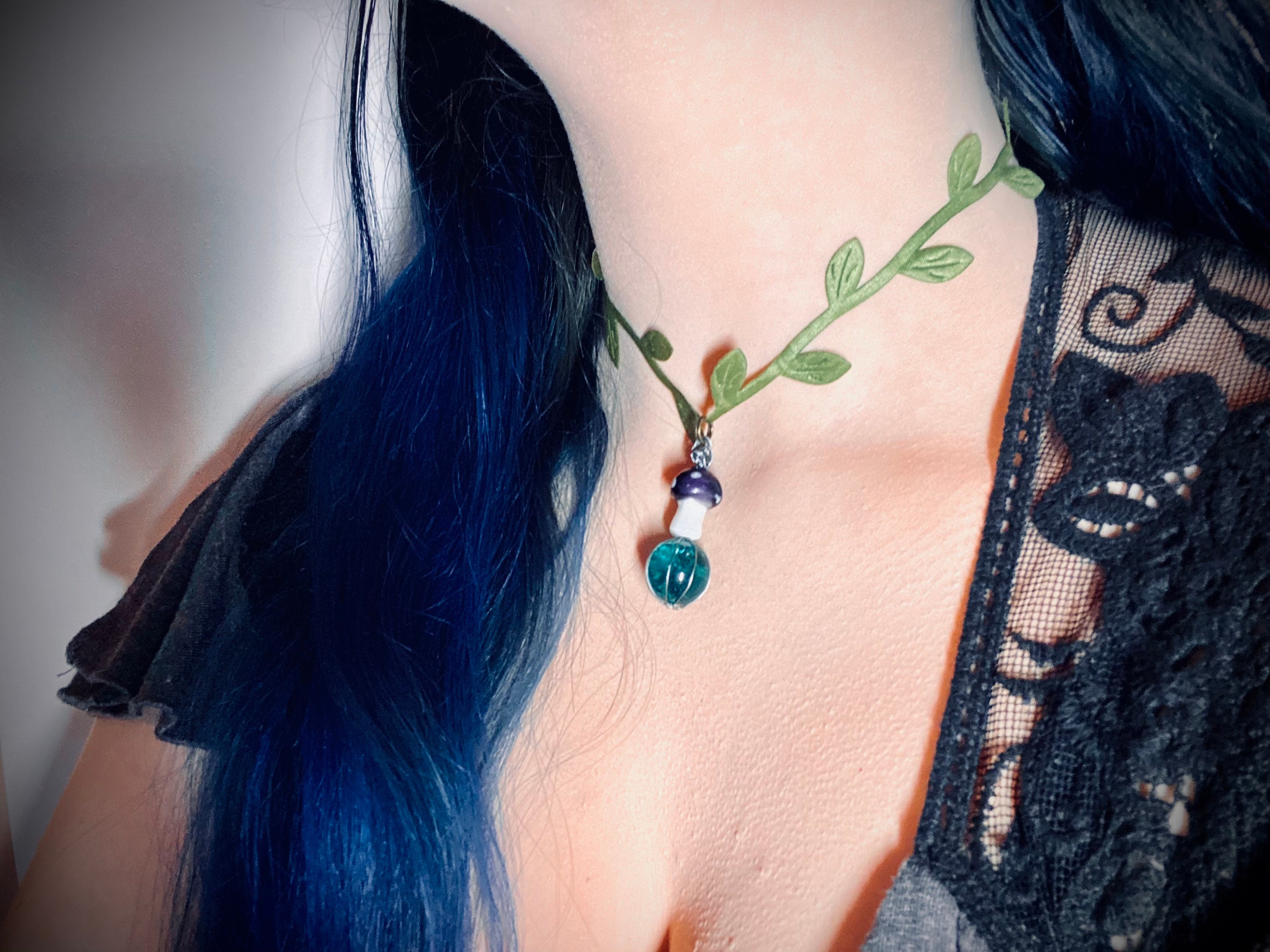 Mushroom / Gazing Ball crystal Ball / Vine Necklace choker Etsy