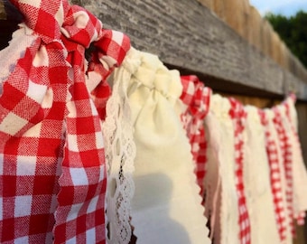 Red Gingham Fabric Banner Farmers Market  gingham strawberry  theme Fabric Banner Gingham Picnic Gingham red gingham garland red gingham