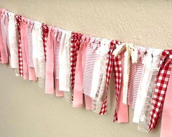 Gingham Red Fabric Banner red gingham banner Farmers Market garland Red gingham Banner Gingham Garland Strawberry banner red garland