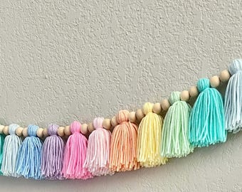 Pastel Rainbow Tassel Garland: Wood Bead Nursery Banner