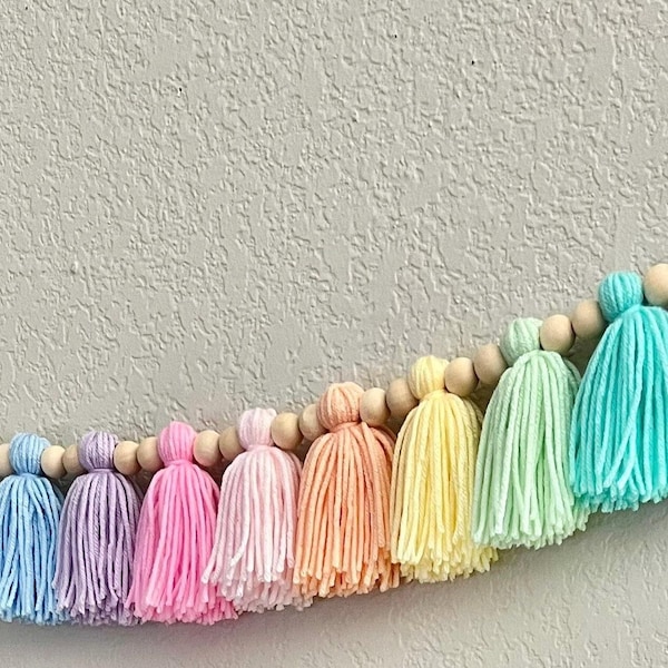 Pastel Rainbow Tassel Garland Wood Bead Nursery Banner Pastel Tassel Banner Pastel Wall Garland Pastel Tassel Garland