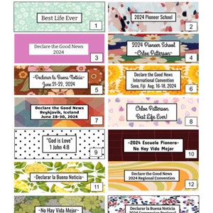 Peut inclure: Un ensemble de 14 mod&egrave;les imprimables pour des &eacute;tiquettes personnalisables. Chaque mod&egrave;le pr&eacute;sente un motif et un sch&eacute;ma de couleurs diff&eacute;rents. Les &eacute;tiquettes sont num&eacute;rot&eacute;es de 1 &agrave; 14. Le texte sur les &eacute;tiquettes est personnalisable et comprend des phrases comme "Best Life Ever", "Declare the Good News", et "No Hay Vida Mejor".