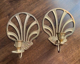RARE Antique Vintage Brass Candleholder Wall Sconce Pair Taper Candle Shell Art Deco Hollywood Regency