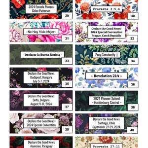 Peut inclure: Un collage de 12 motifs floraux color&eacute;s avec des superpositions de texte. Chaque motif pr&eacute;sente un motif floral diff&eacute;rent et comprend du texte tel que "Declare the Good News", "2024 Special Convention", "Proverbes 3:5,6" et "R&eacute;v&eacute;lation 21:4".
