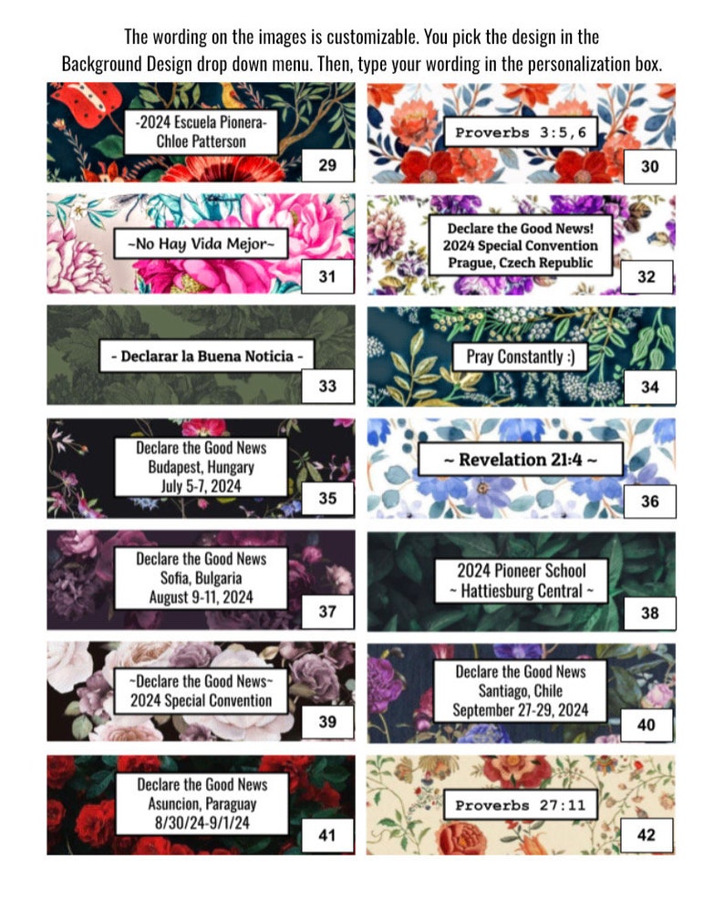 Peut inclure: Un collage de 12 motifs floraux color&eacute;s avec des superpositions de texte. Chaque motif pr&eacute;sente un motif floral diff&eacute;rent et comprend du texte tel que "Declare the Good News", "2024 Special Convention", "Proverbes 3:5,6" et "R&eacute;v&eacute;lation 21:4".
