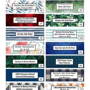 Peut inclure: Une collection de 12 mod&egrave;les de banni&egrave;res personnalisables avec diff&eacute;rents arri&egrave;re-plans et textes. Les banni&egrave;res pr&eacute;sentent divers th&egrave;mes, notamment des motifs floraux, g&eacute;om&eacute;triques et ray&eacute;s. Le texte sur les banni&egrave;res comprend des phrases comme "Declare the Good News", "Best Life Ever!" et "Keep Your Eyes On The Prize!"