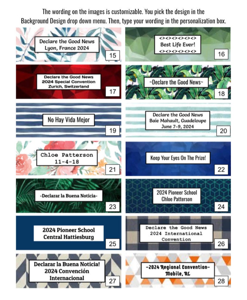Peut inclure: Une collection de 12 mod&egrave;les de banni&egrave;res personnalisables avec diff&eacute;rents arri&egrave;re-plans et textes. Les banni&egrave;res pr&eacute;sentent divers th&egrave;mes, notamment des motifs floraux, g&eacute;om&eacute;triques et ray&eacute;s. Le texte sur les banni&egrave;res comprend des phrases comme "Declare the Good News", "Best Life Ever!" et "Keep Your Eyes On The Prize!"