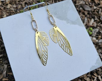 Gold Fairy Wing Earrings: Crystal Accent, Boho Fantasy Jewelry