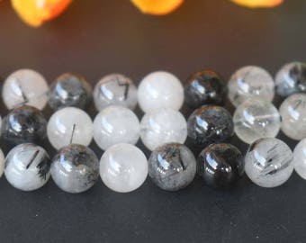 Natural Black Rutilated Quartz Round Beads,6mm 8mm 10mm 12mm Natural Rutilated Crystal Beads,Quartz Beads supply,15" strand