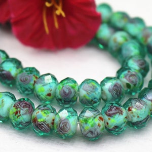 8mm 10mm 12mm green Floral Faceted Rondelle Beads,Faceted Flower Glass round Beads,Lampwork Glass Flower Beads wholesale